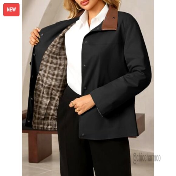 Oversized Trench Coat with Leather Collar Plaid Cuffs Windproof Fall Jacket - Picture 4 of 6